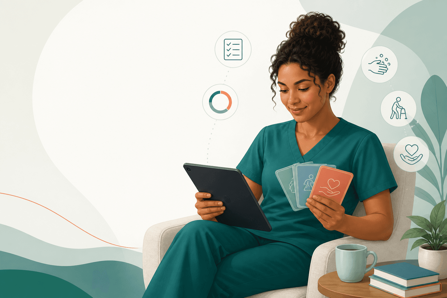 Illustration of an adult CNA learner studying confidently with a tablet and care-topic cards